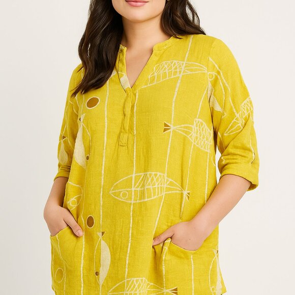 Three Stars Linen Blend Button Up Shirt Fish Print Yellow Lemongrass - Picture 2 of 9